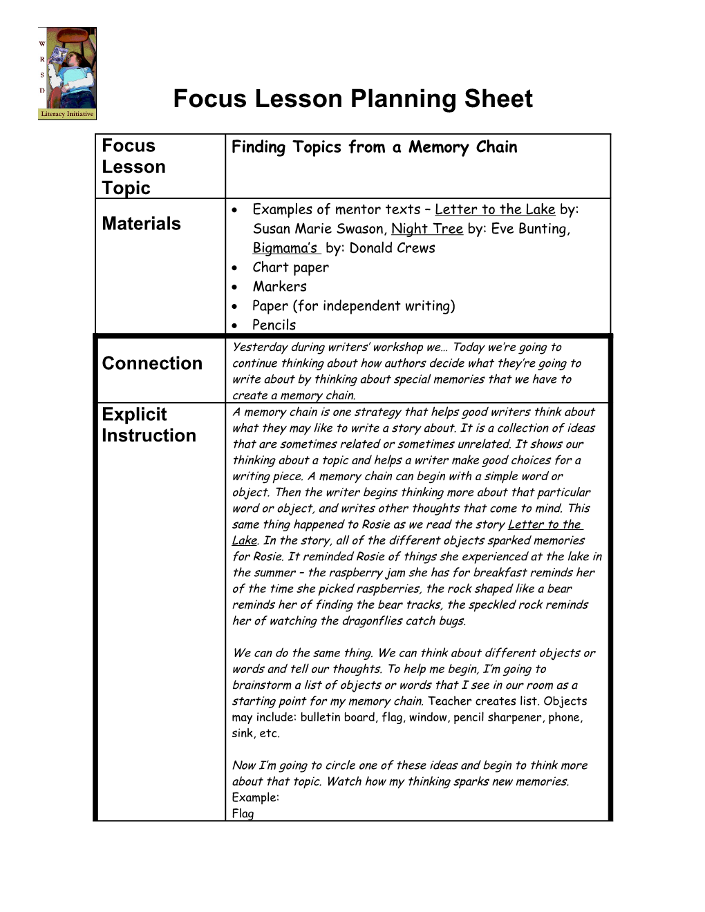 Focus Lesson Planning Sheet s1