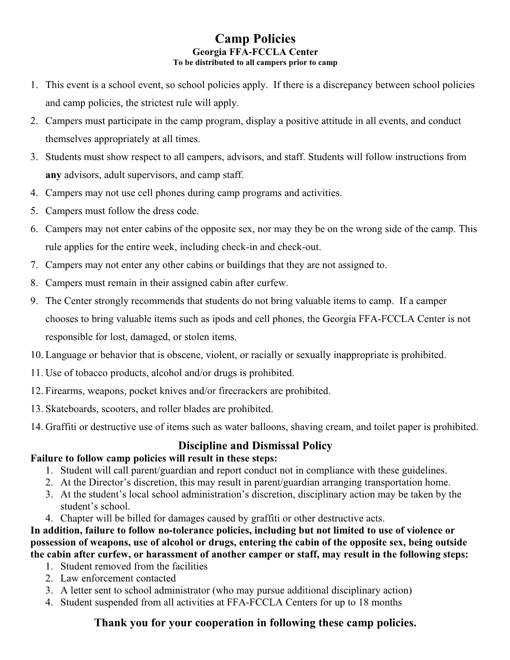 FFA-FCCLA Center Policies and Procedures