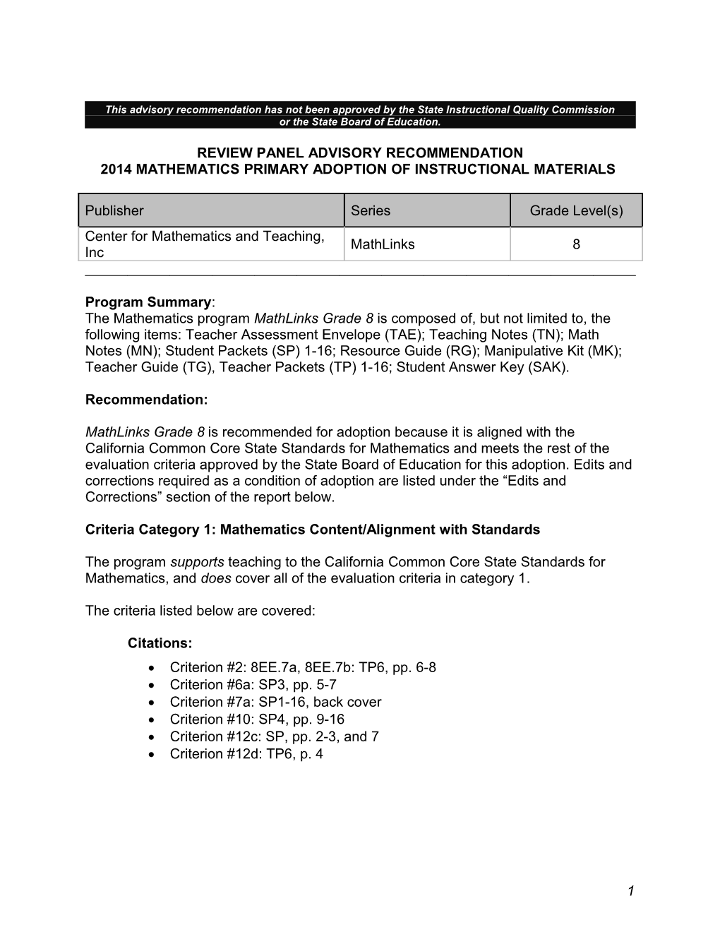 Mathlinks 2014 - Instructional Materials (CA Dept of Education)