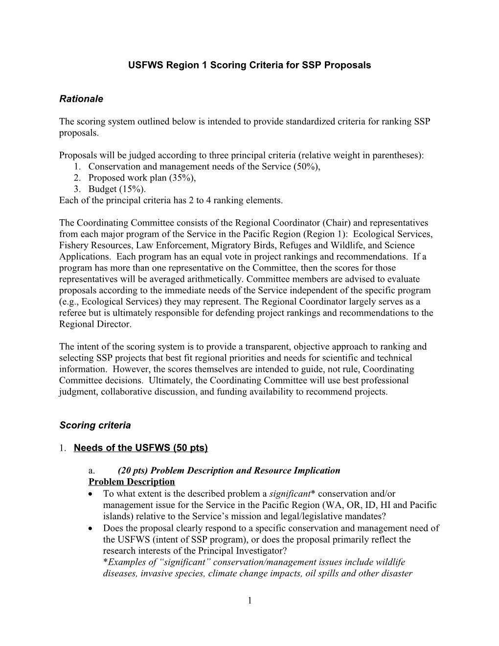 USFWS Region 1 Scoring Criteria for SSP Proposals