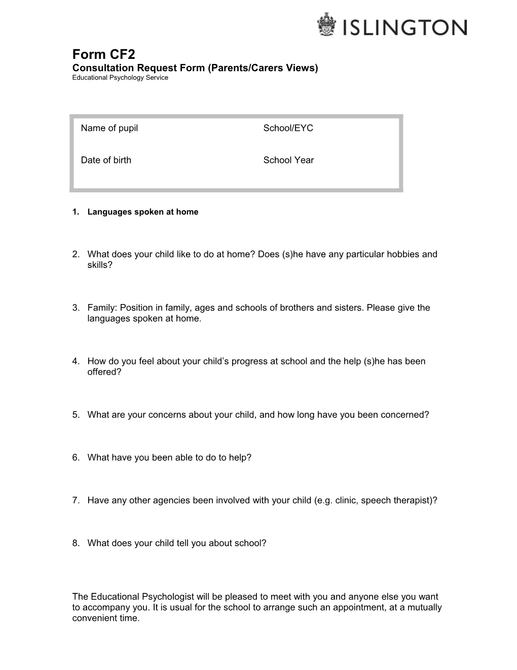 Consultation Request Form (Parents/Carers Views)