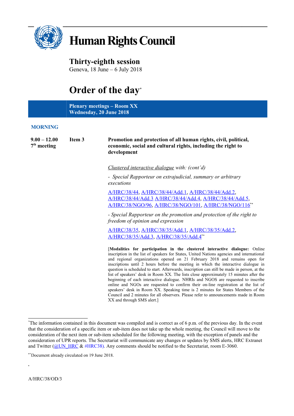 Order of the Day, Wednesday, 20 June 2018