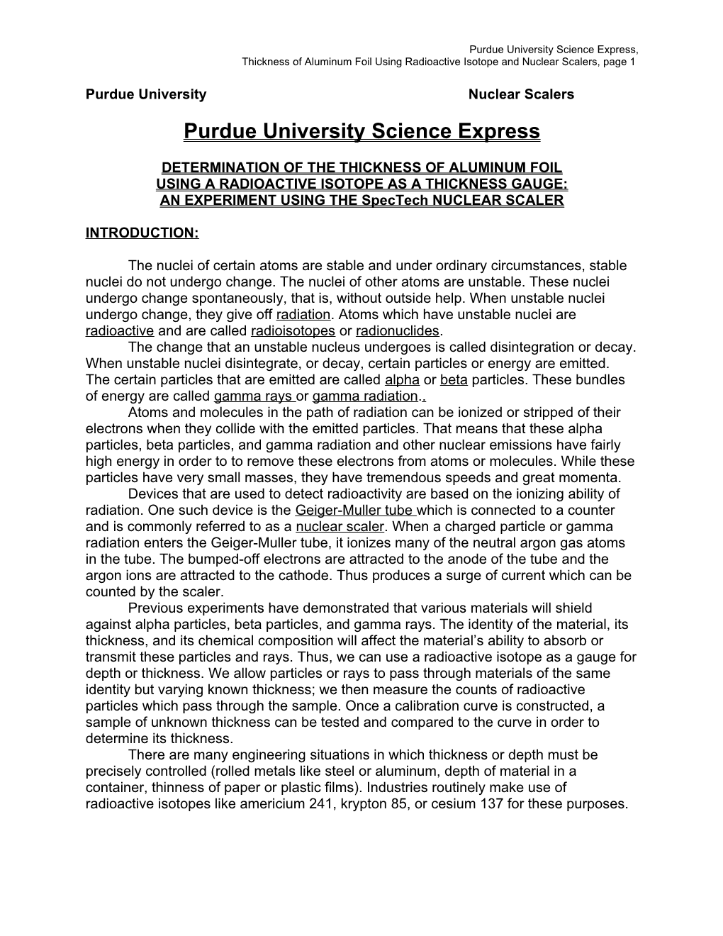 Thickness of Aluminum Foil Using Radioactive Isotope and Nuclear Scalers, Page 1