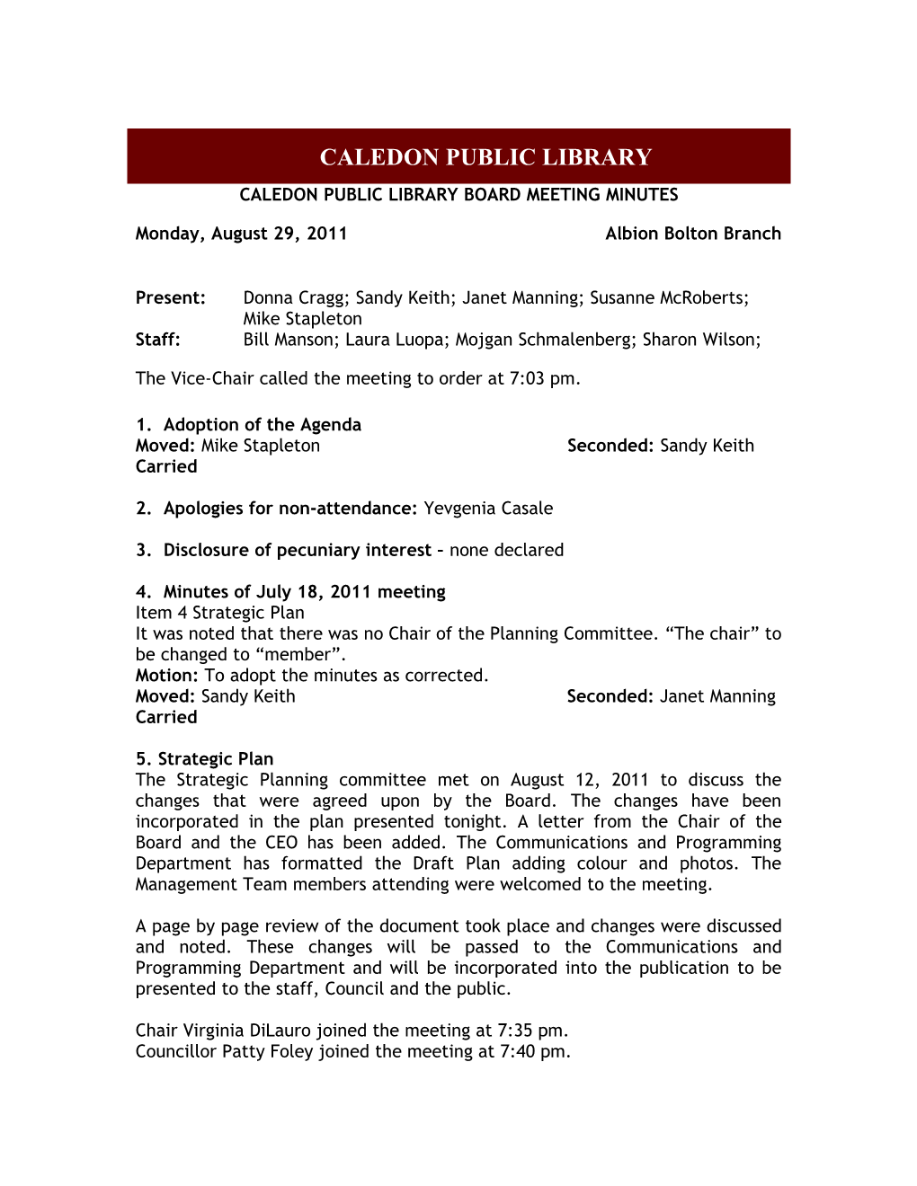 Caledon Public Library Board Meeting Minutes
