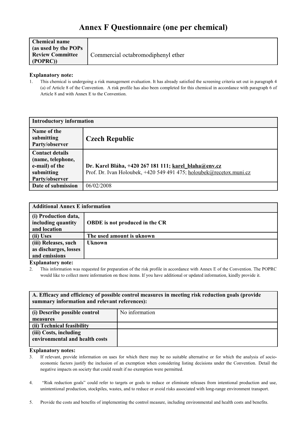 Annex F Questionnaire (One Per Chemical)