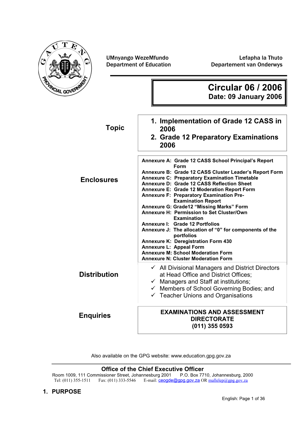 Circular 06 1. Implementation of Grade 12 CASS in 2006