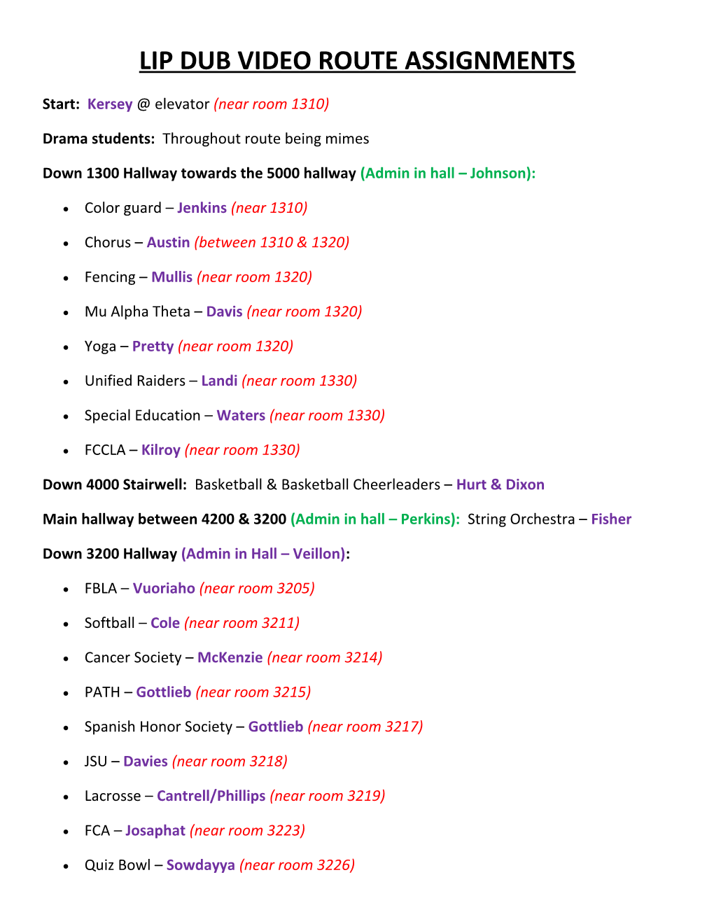 Lip Dub Video Route Assignments