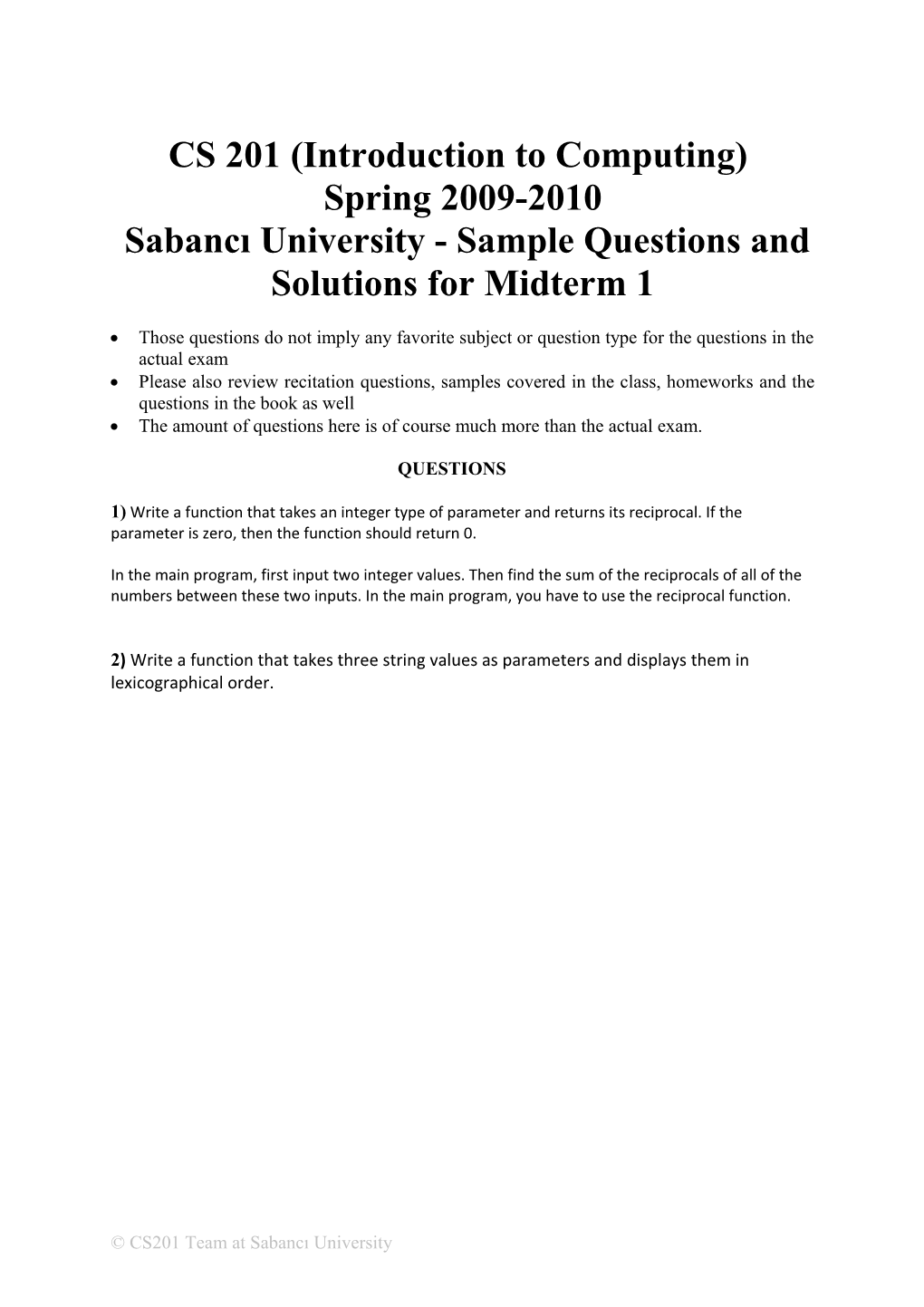 Sabancı University - Sample Questions and Solutions for Midterm 1