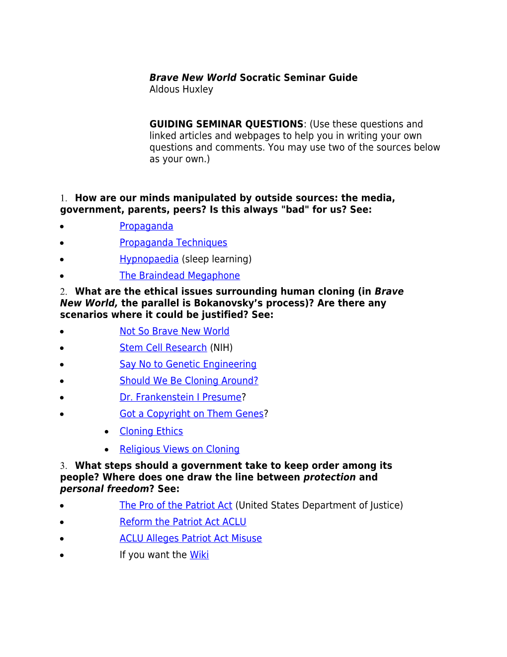 Brave New World Socratic Seminar Guide