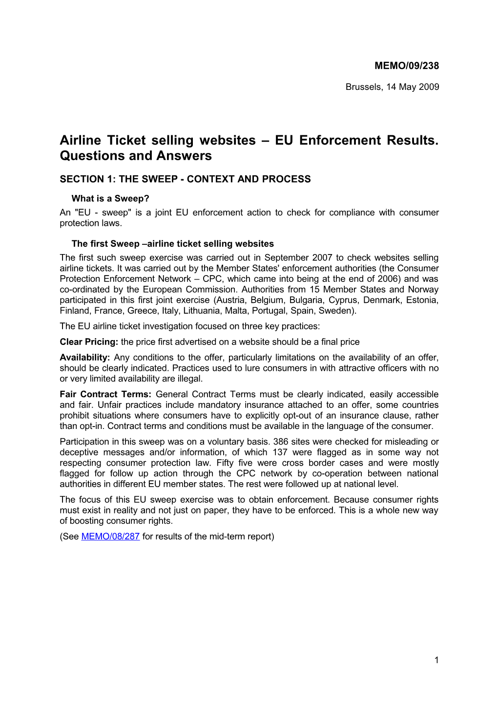 Airline Ticket Selling Websites EU Enforcement Results. Questions and Answers
