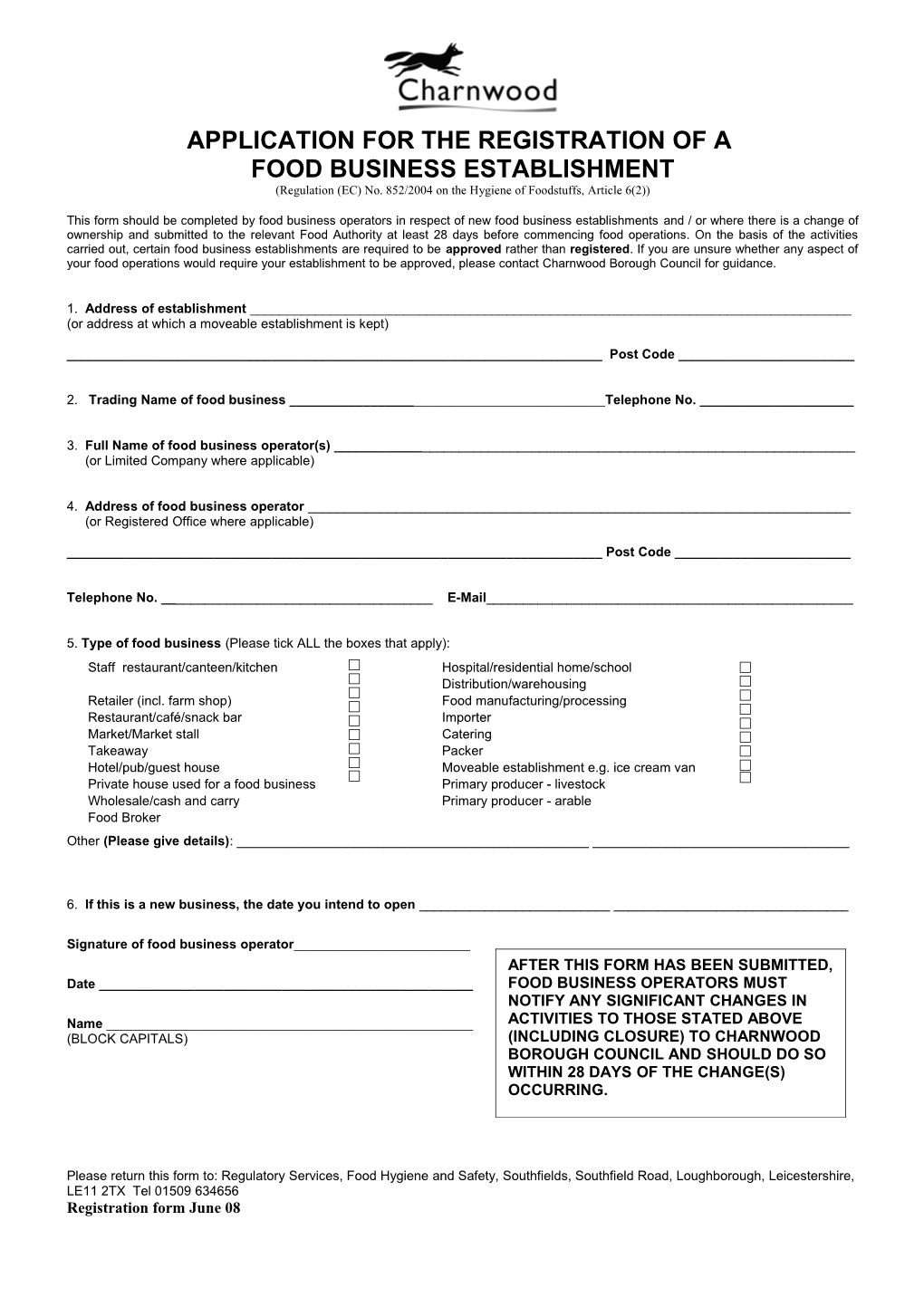 ANNEX 2: Model Application Form for the Registration of a Food Business Establishment