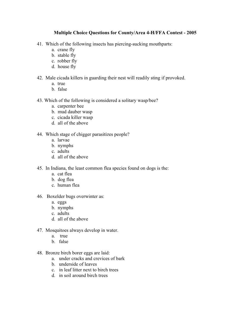 Multiple Choice Questions for County/Area 4-H/FFA Contest - 1998 s1