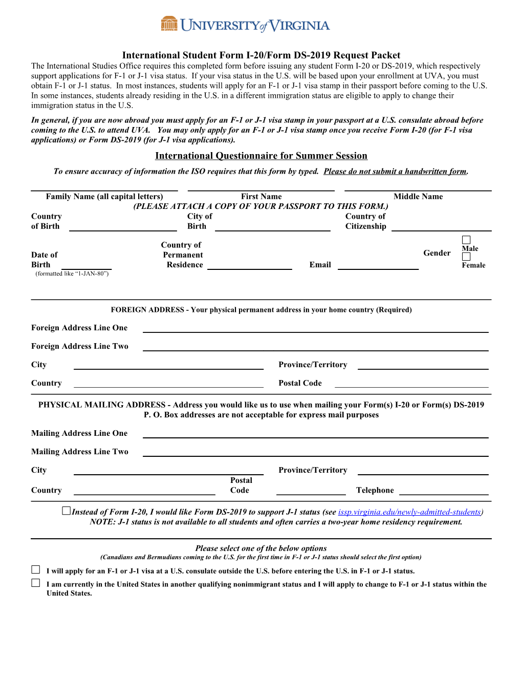 2004 Application for Form I-20: Certificate of Eligibility for Nonimmigrant (F-1) Student Status