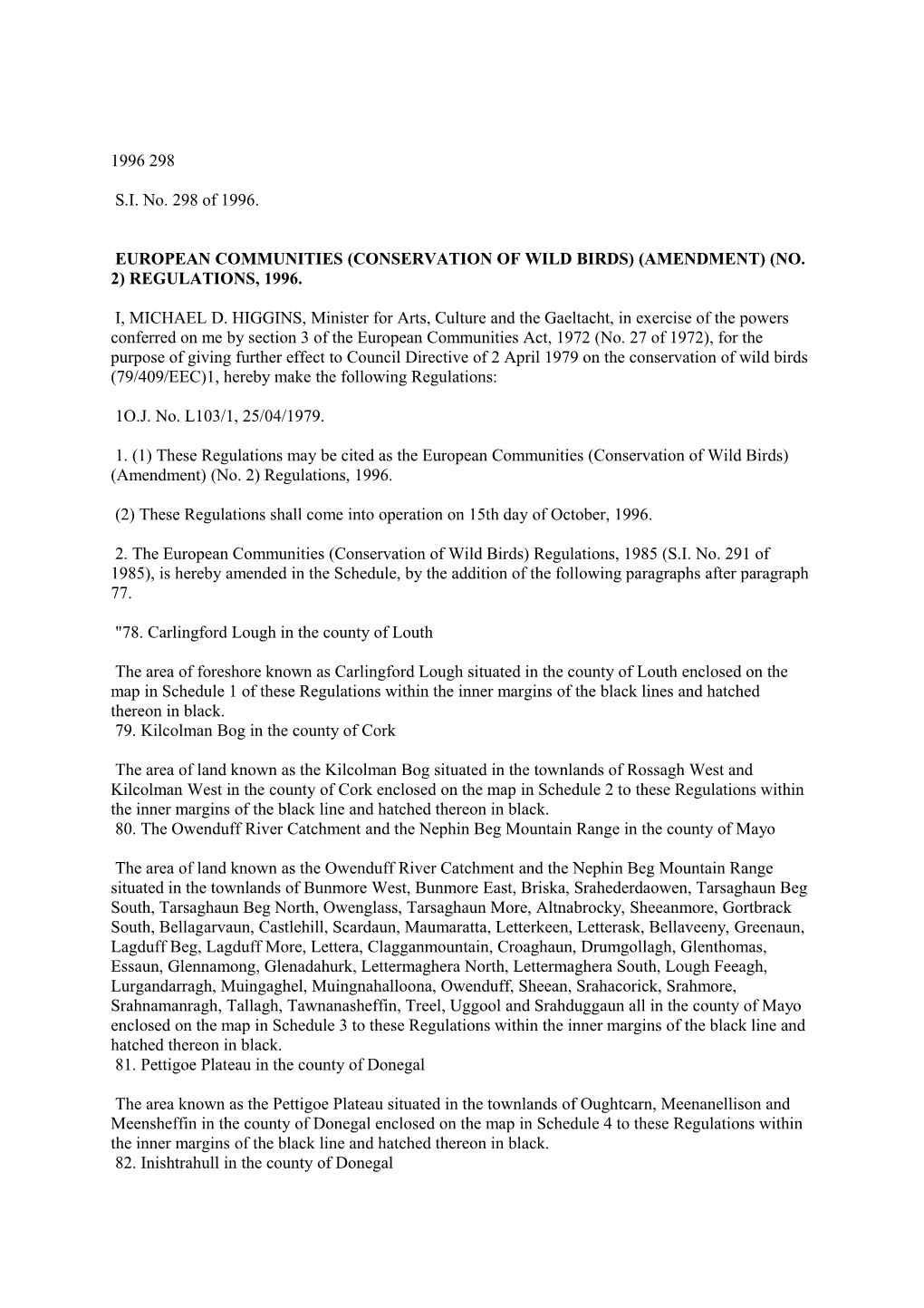 European Communities (Conservation of Wild Birds) (Amendment) (No. 2) Regulations, 1996