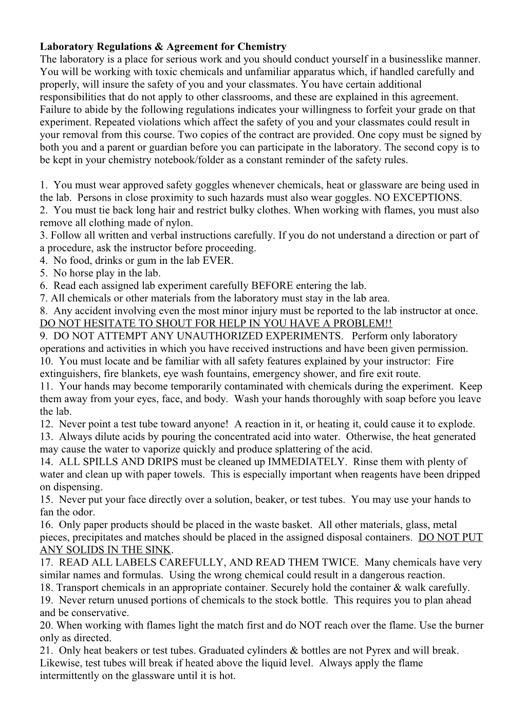 Laboratory Regulations & Agreement for Chemistry