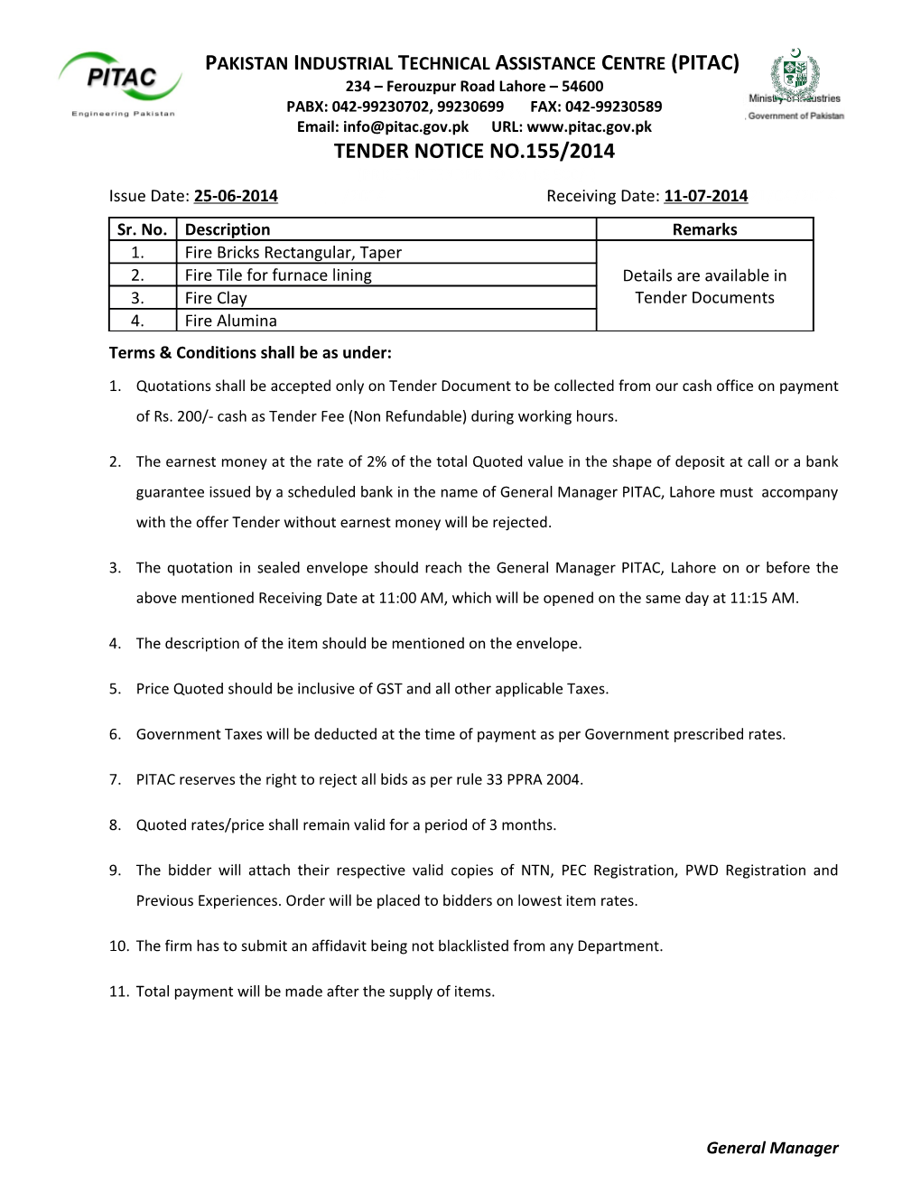 Tender Notice No.155/2014