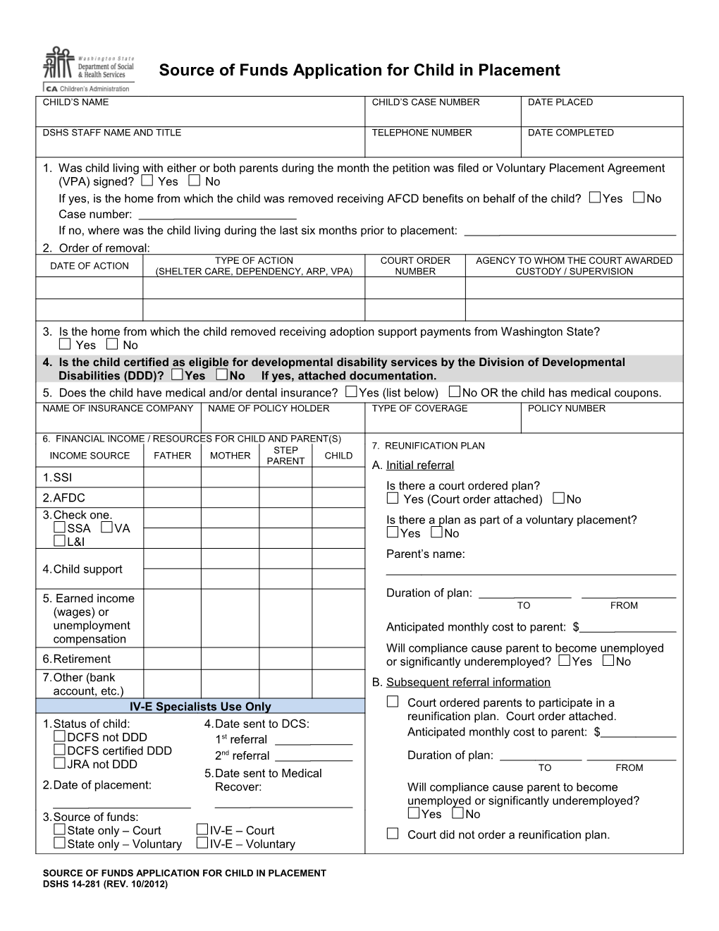 Source of Funds Application for Child in Placement