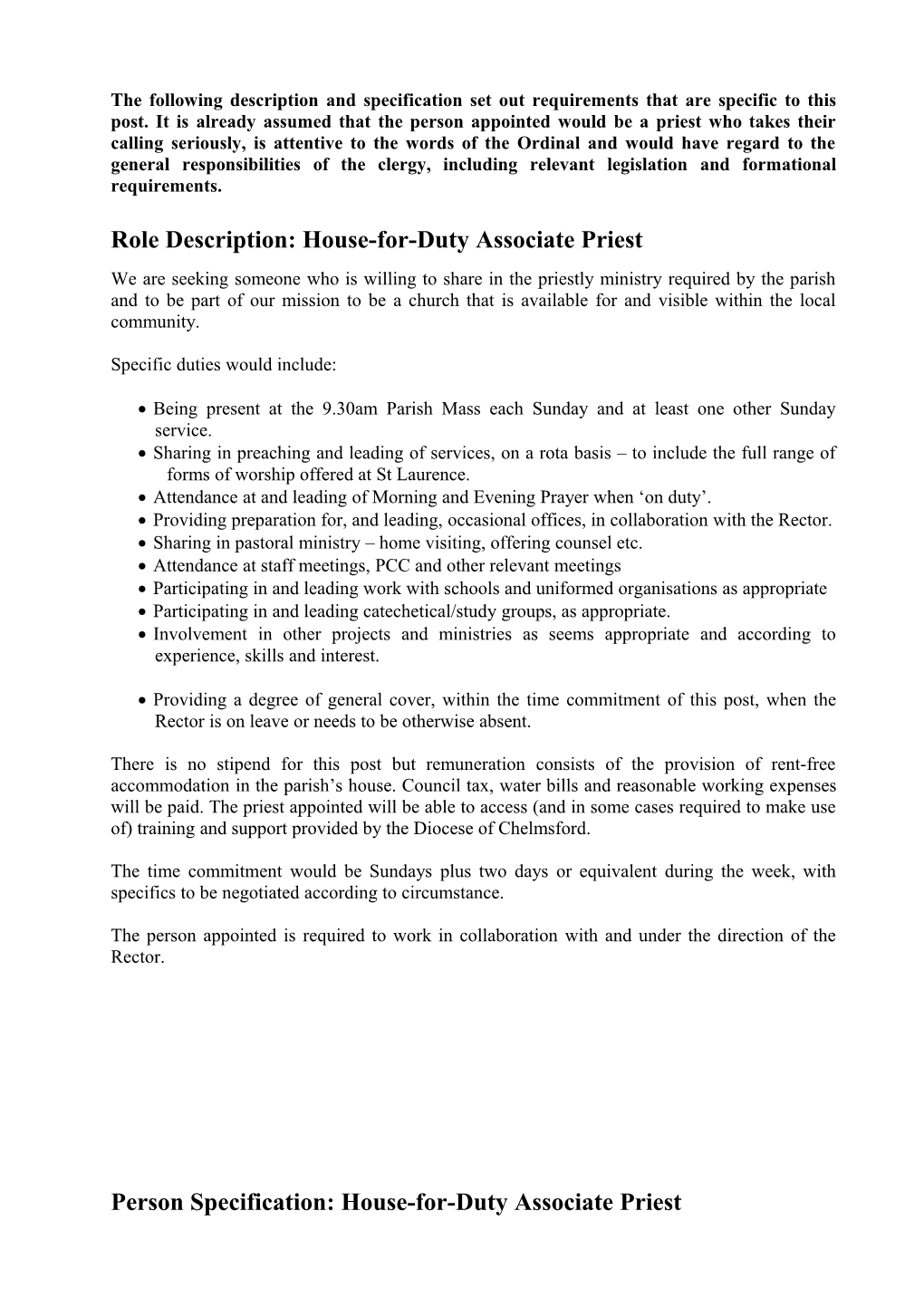 Role Description: House-For-Duty Associate Priest