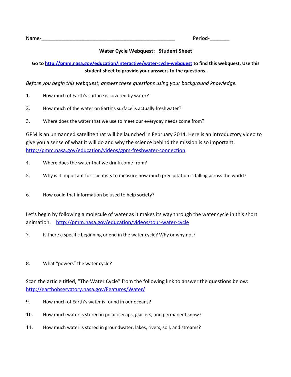 Water Cycle Webquest: Student Sheet