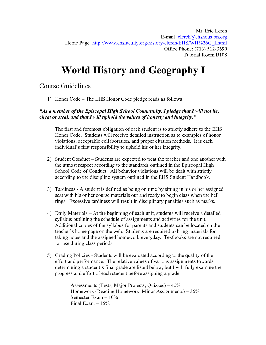 World History and Geography I