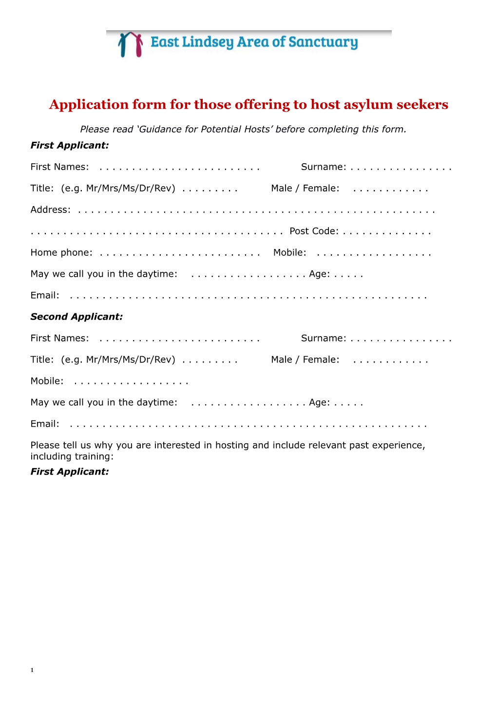 Application Form for Those Offering to Host Asylum Seekers
