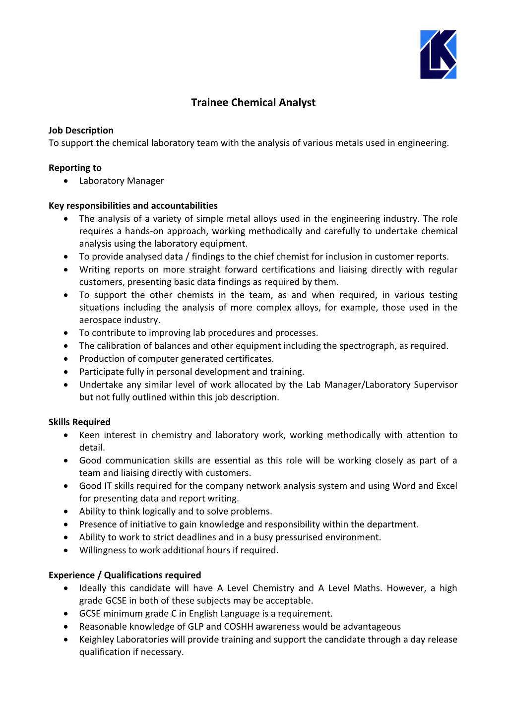 Trainee Chemical Analyst