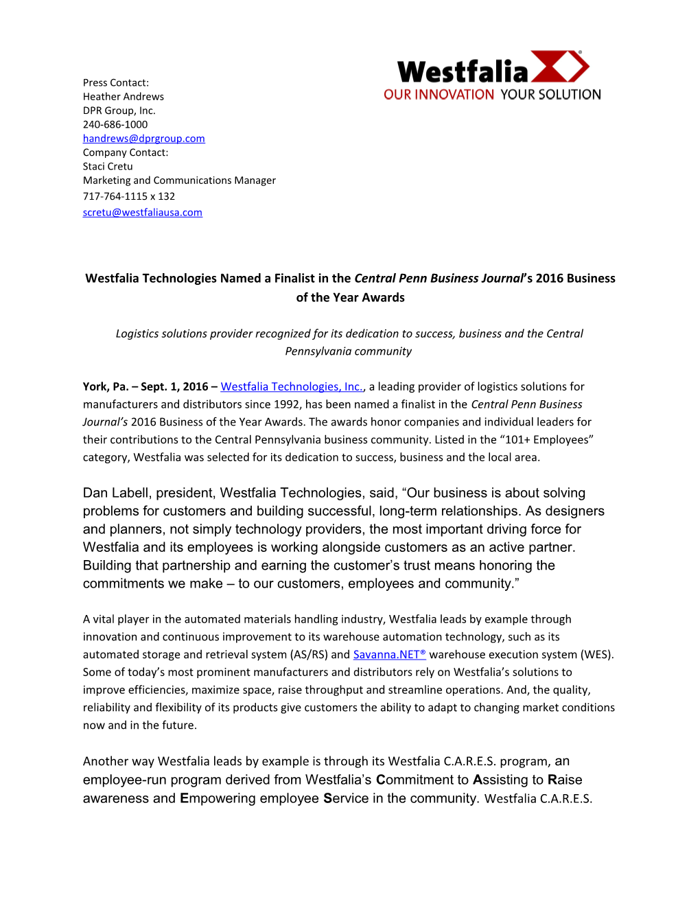 Westfalia Technologies Named a Finalist in the Central Penn Business Journal S 2016 Business