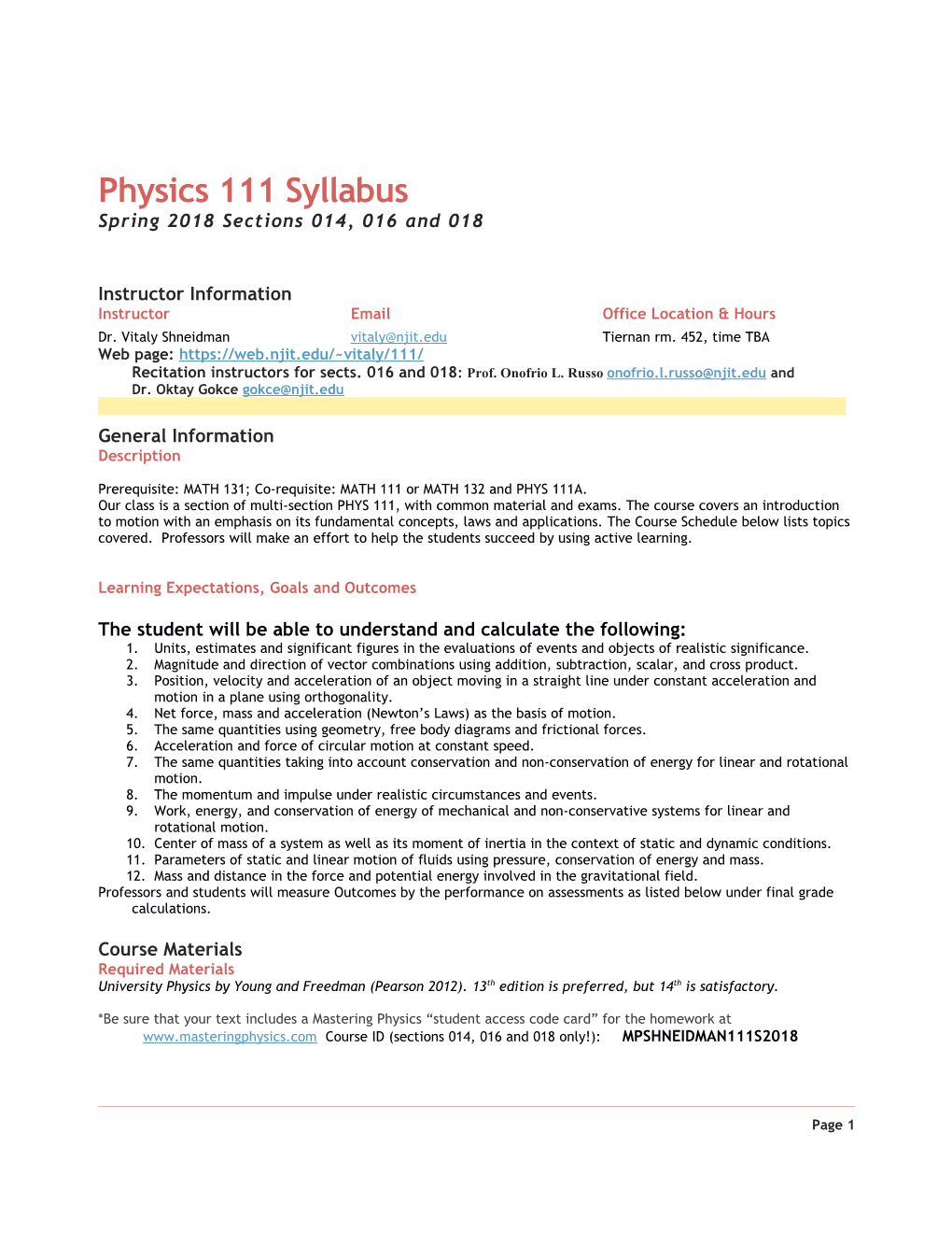 Physics 111 Syllabus