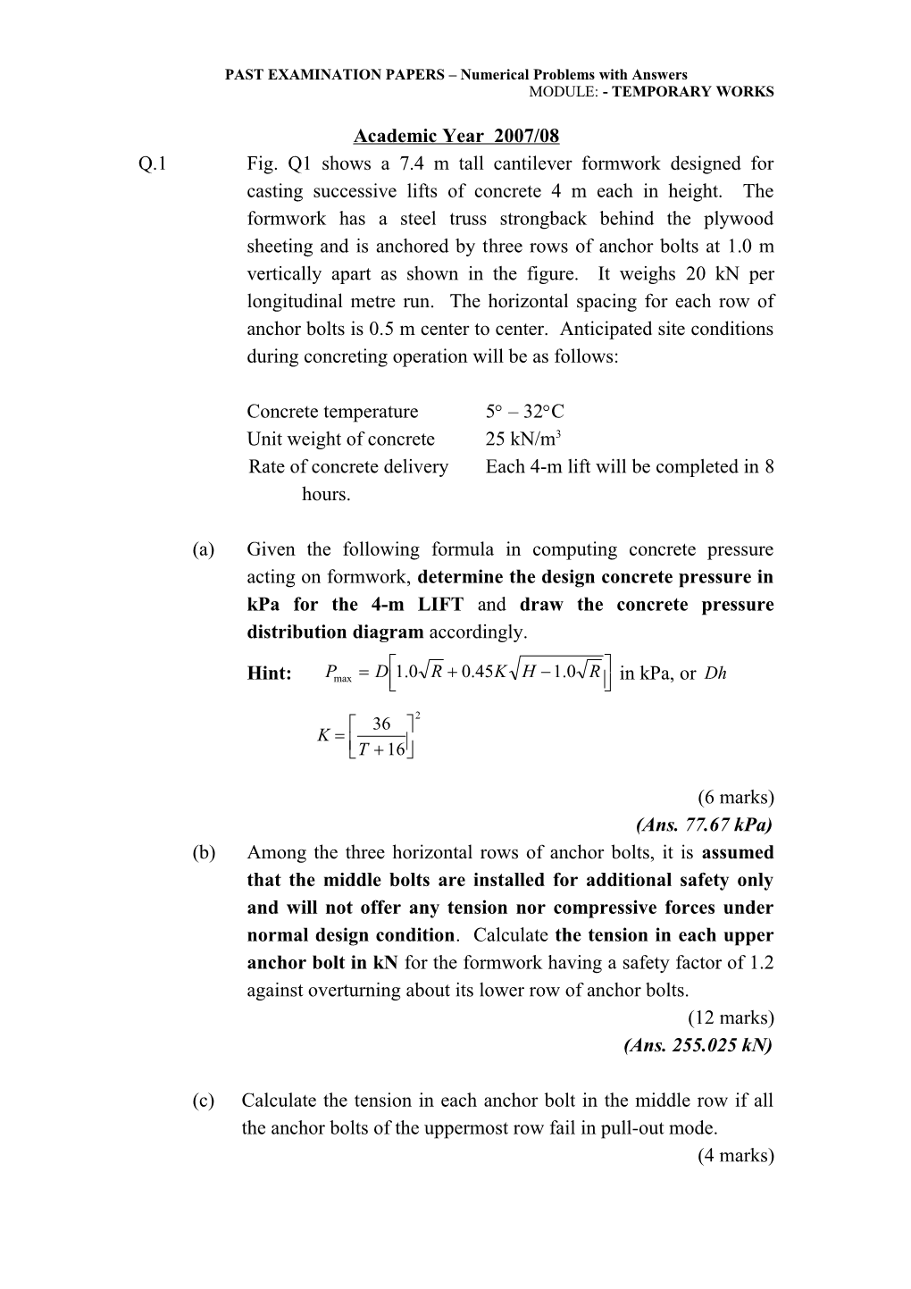 PAST EXAMINATION PAPERS Numerical Problems with Answers