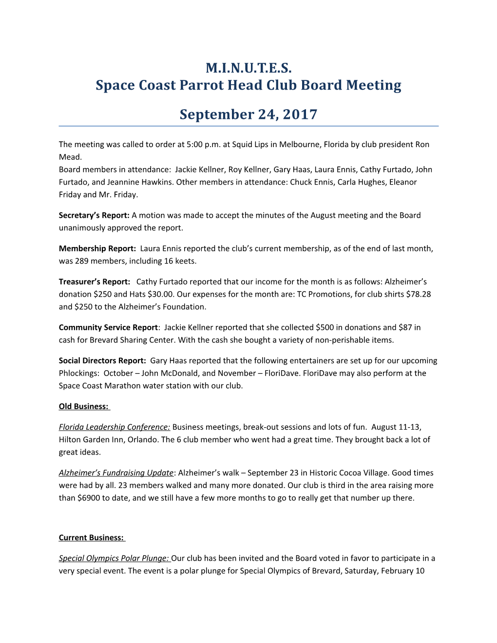 M.I.N.U.T.E.S. Space Coast Parrot Head Club Board Meeting