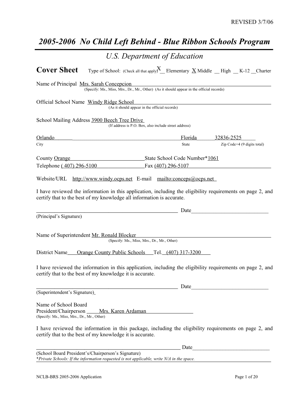 Application: 2005-2006, No Child Left Behind - Blue Ribbon Schools Program (Msword) s1