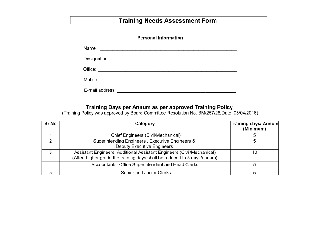 Training Needs Assessment Evaluation Form