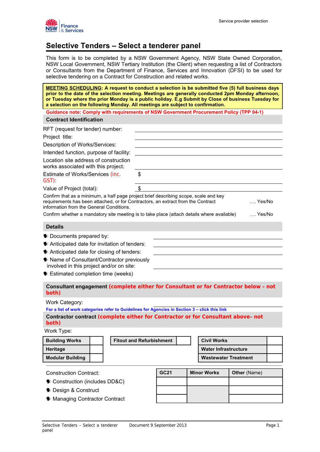 Selective Tenders - Select Tender Panel