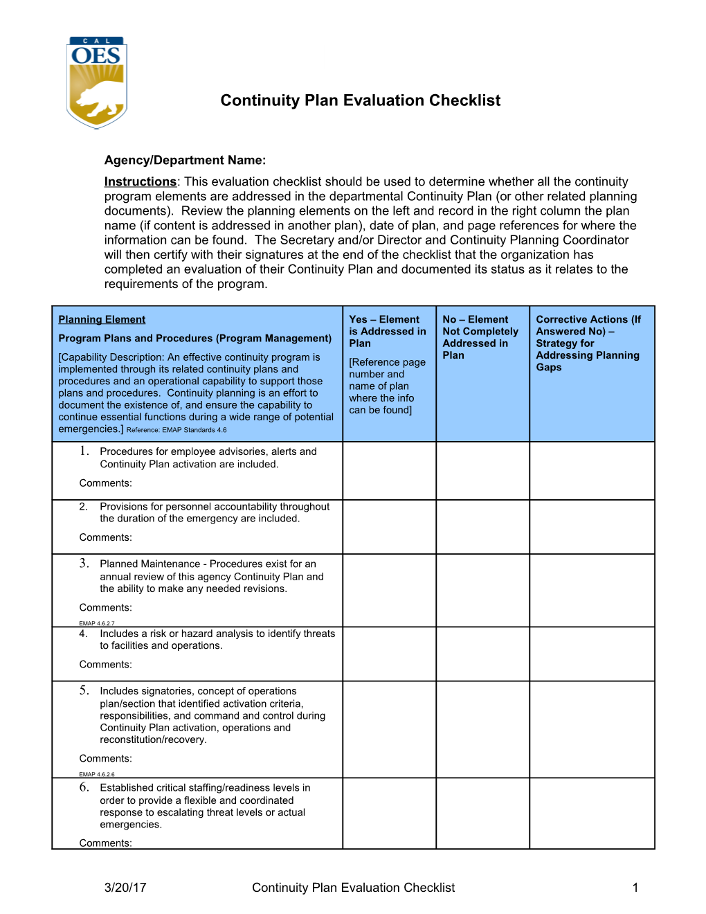 Continuity Plan Evaluation Checklist