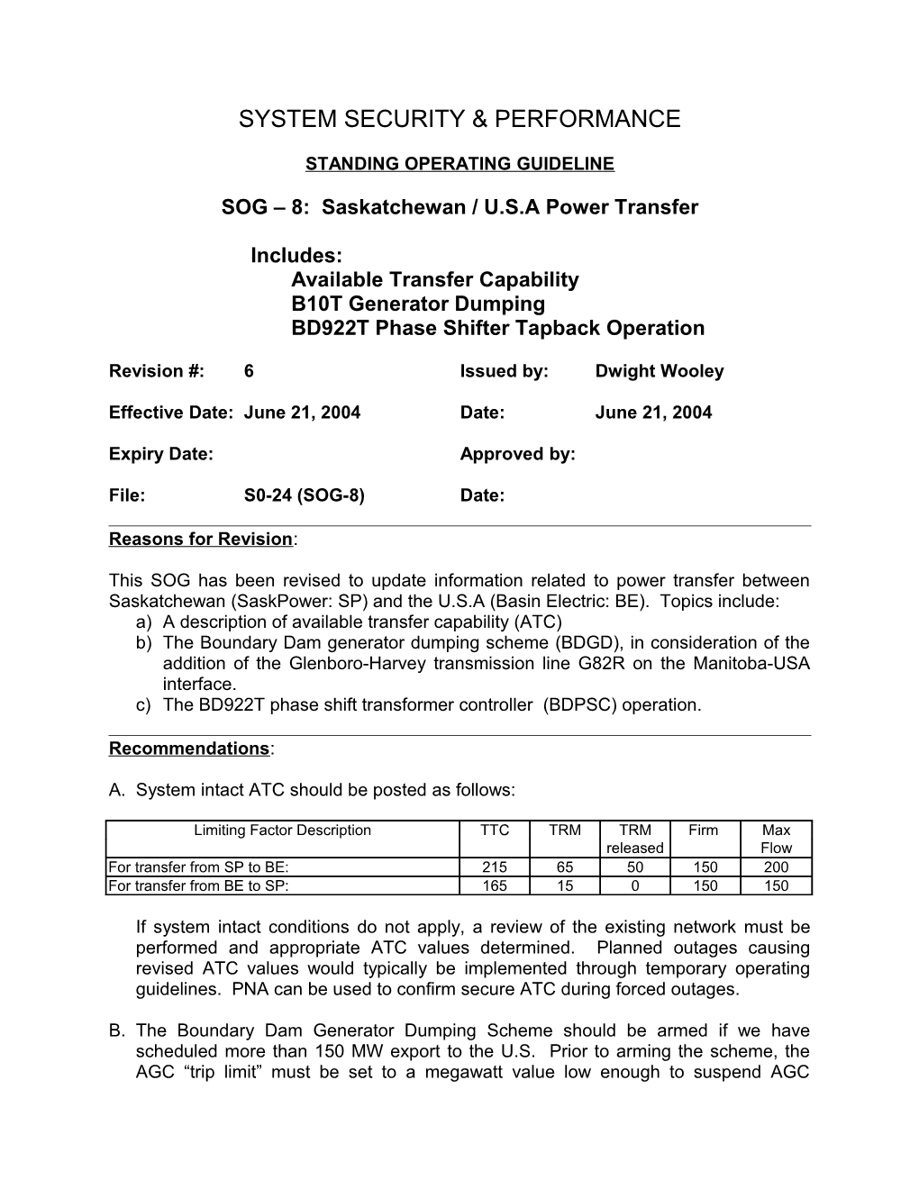 Standing Operating Guideline