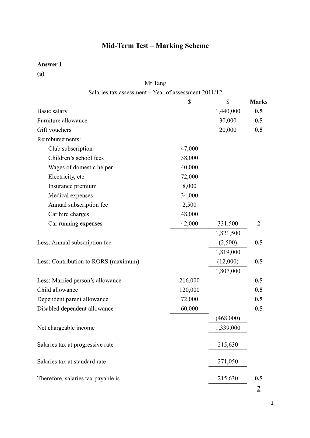 Mid-Term Test Marking Scheme