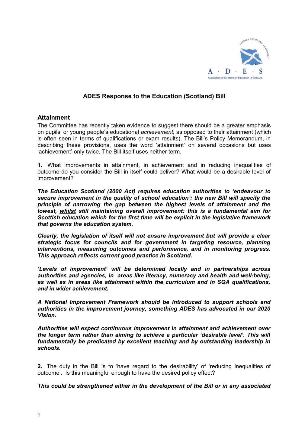 ADES Response to the Education (Scotland) Bill