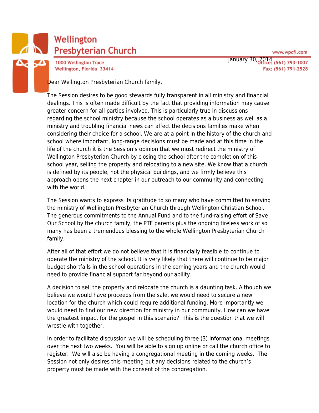 Dear Wellington Presbyterian Church Family