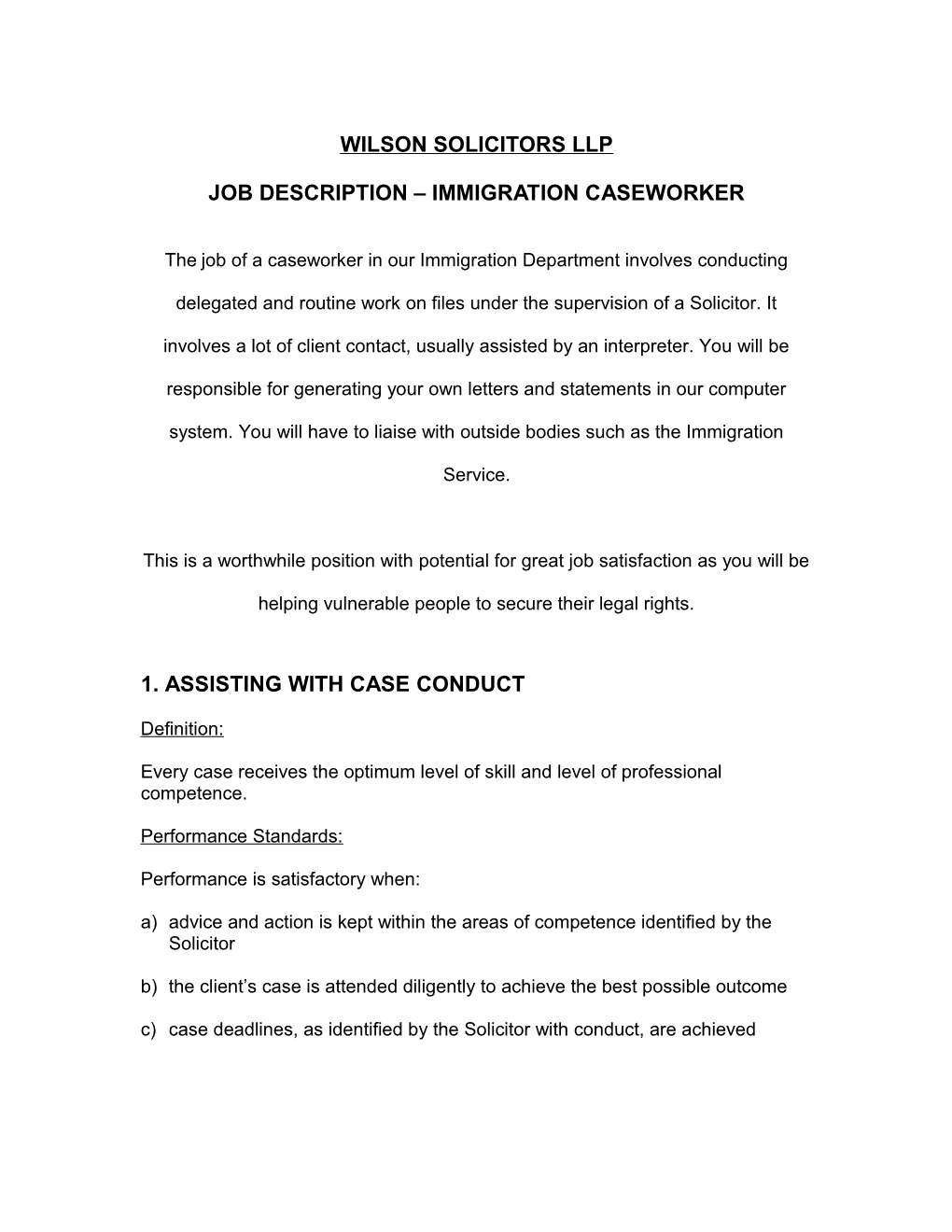 Job Description Immigration Caseworker