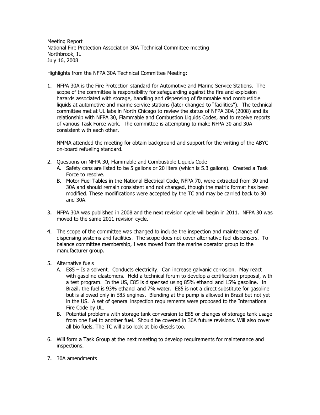 National Fire Protection Association 30A Technical Committee Meeting