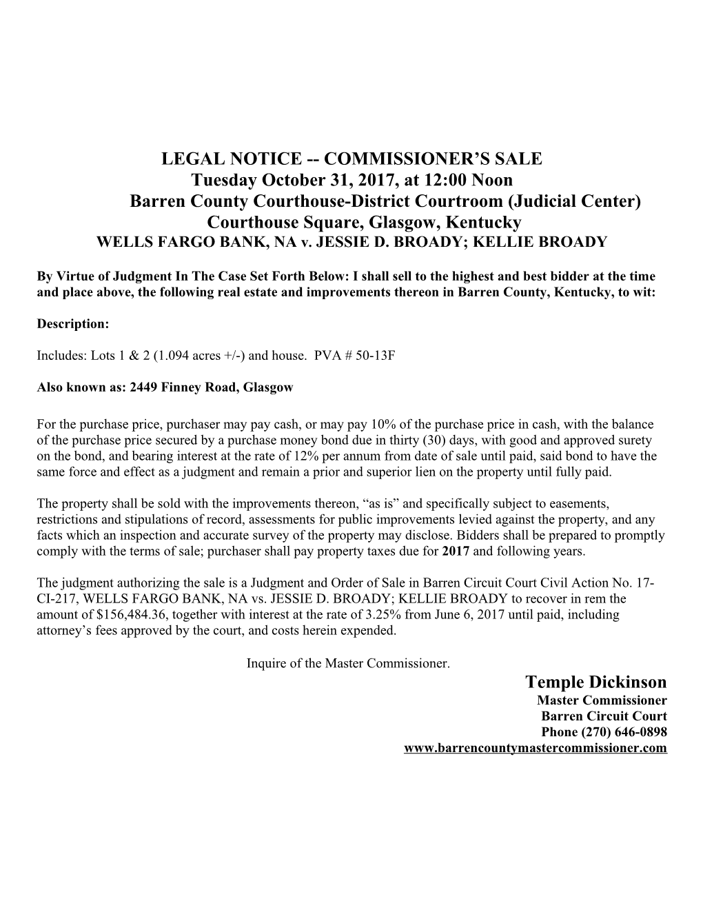 Legal Notice Commissioner S Sale