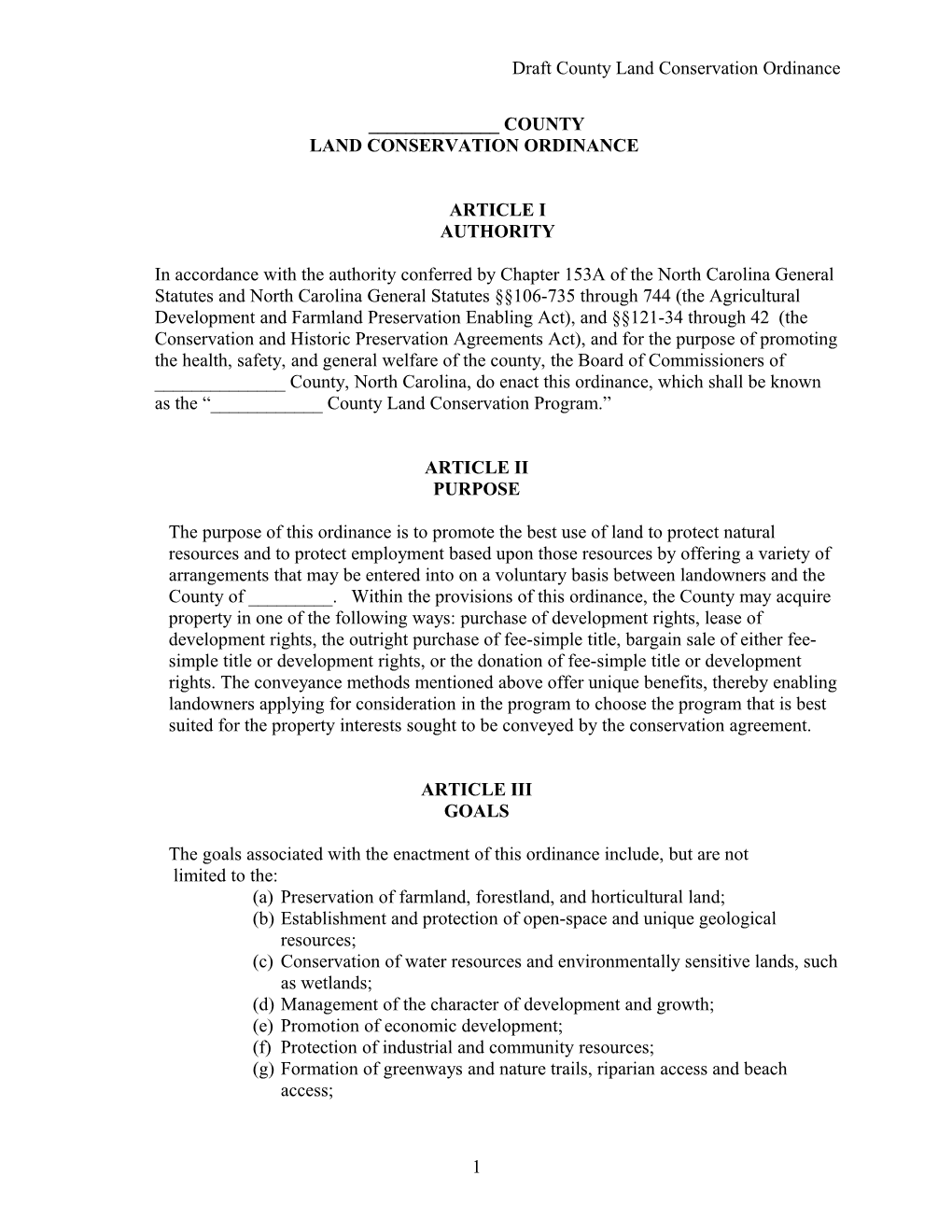 Land Preservation Model Ordinance for Counties (Draft)