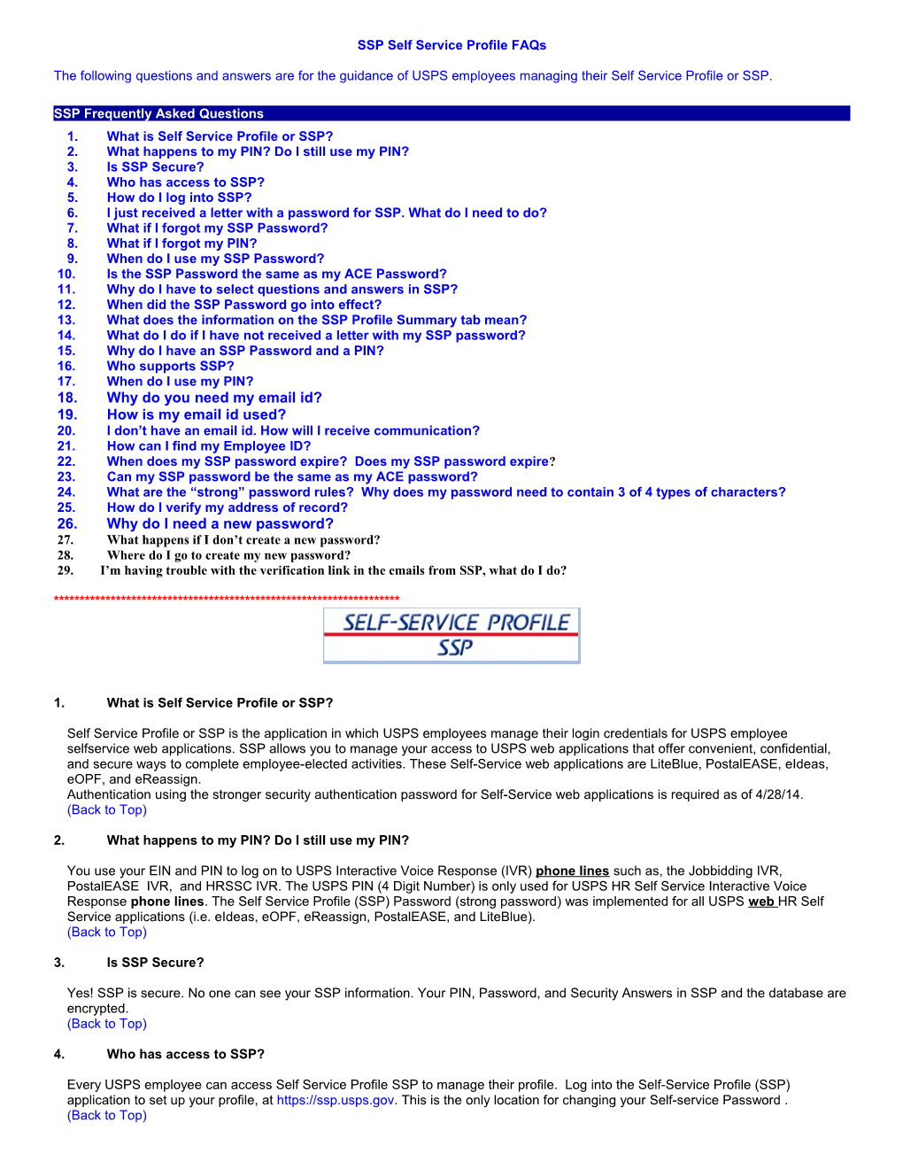 SSP Self Service Profile Faqs