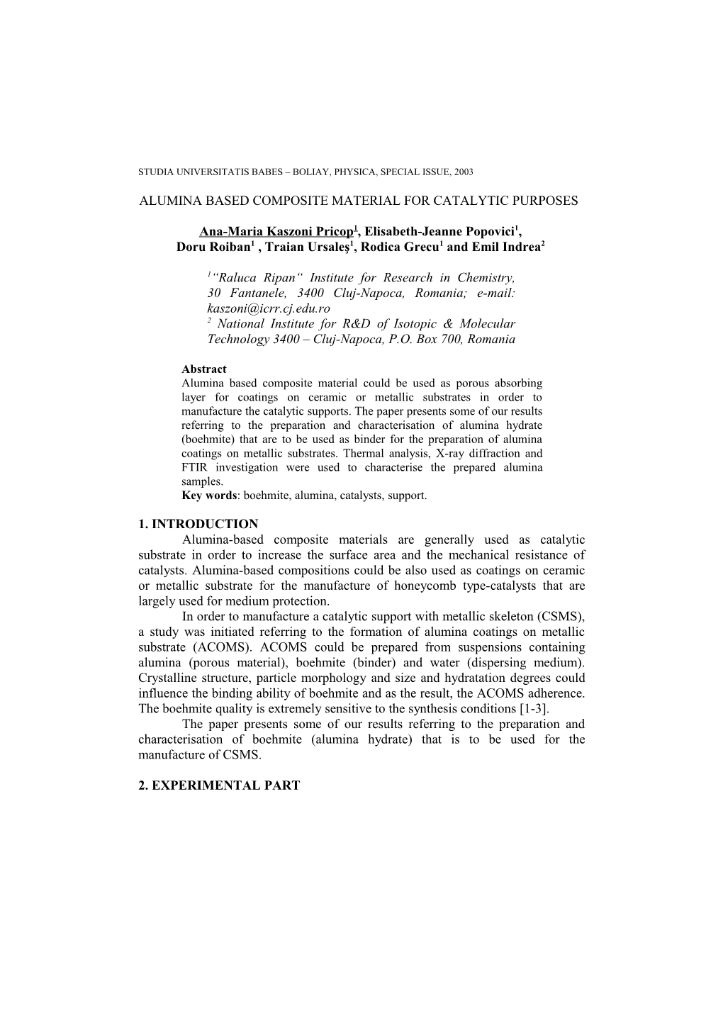 Alumina Based Composite Material for Catalytic Purposes