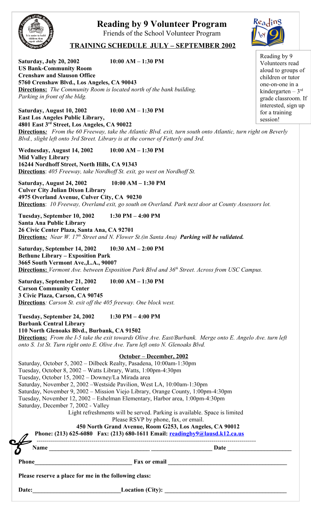 Reading by 9 Volunteer Trainin Sessions Schedule