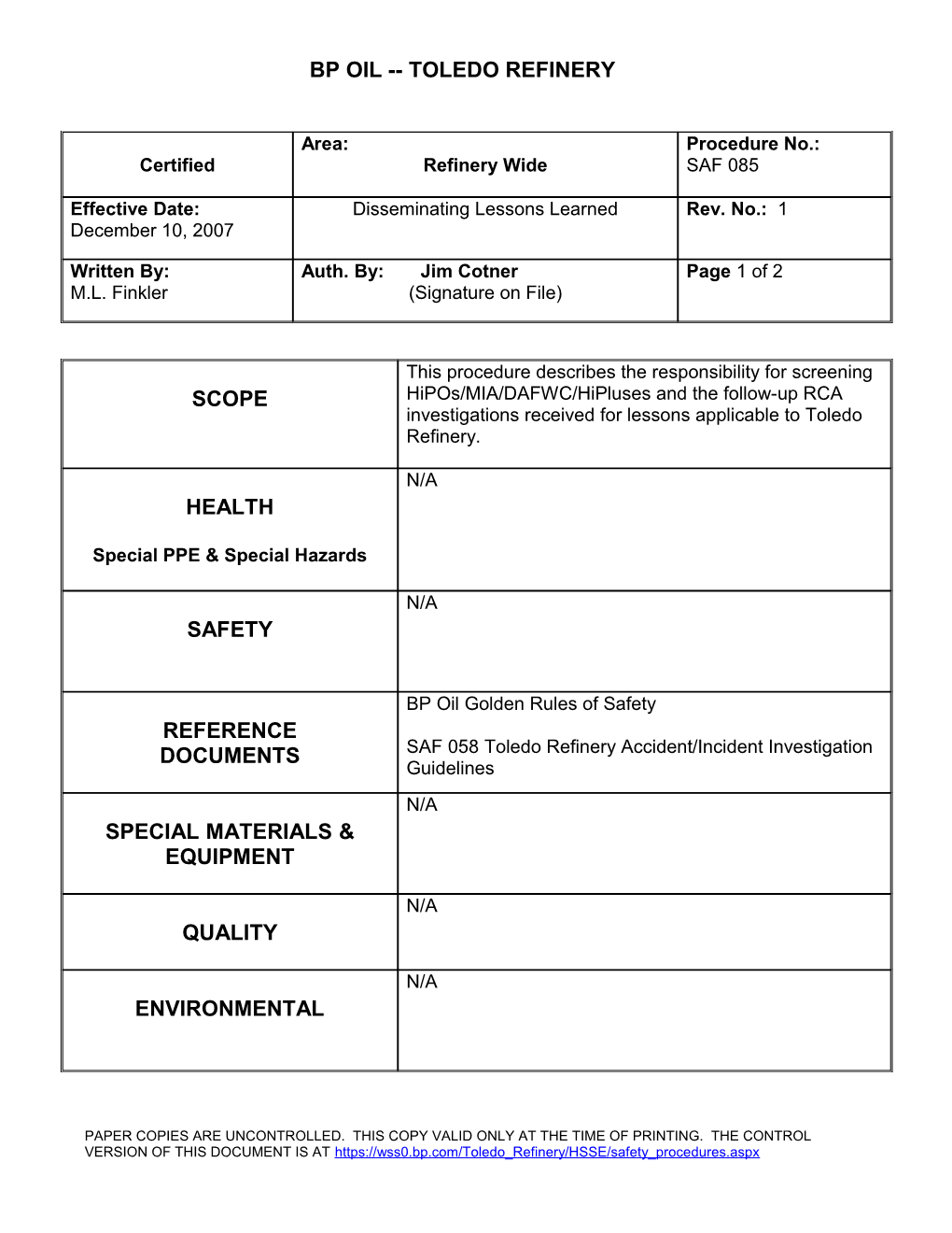 BP Oil Golden Rules of Safety