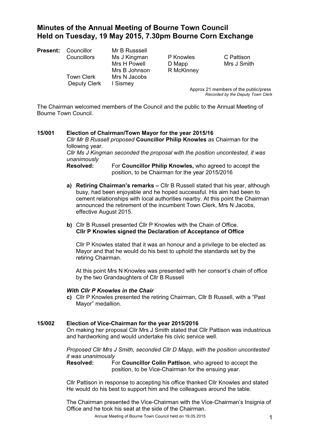 Minutes of the Annual General Meeting of Bourne Town Council