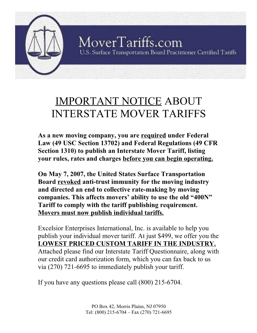 Important Notice About Interstate Mover Tariffs