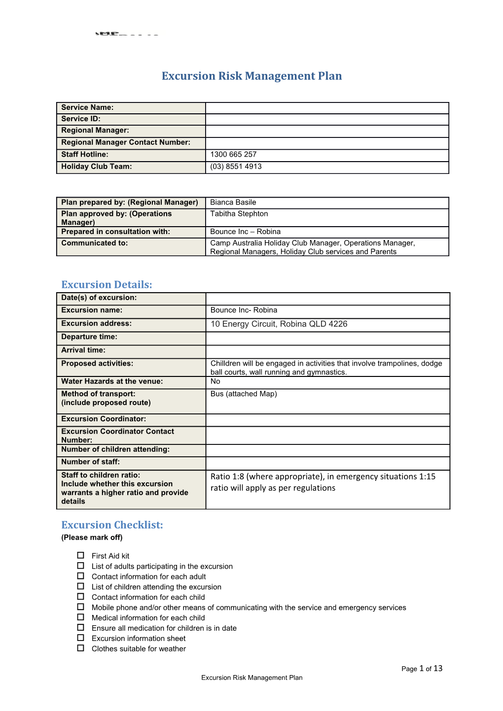 Excursion Risk Management Plan