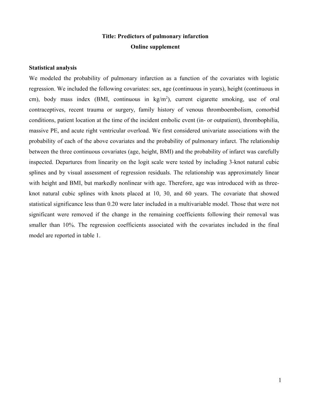 Title: Predictors of Pulmonary Infarction